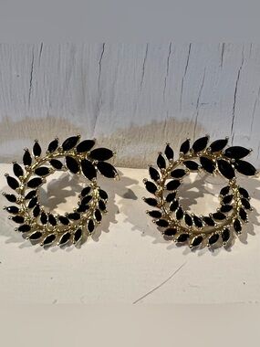Gold-tone Black Leaf Spiral Earrings